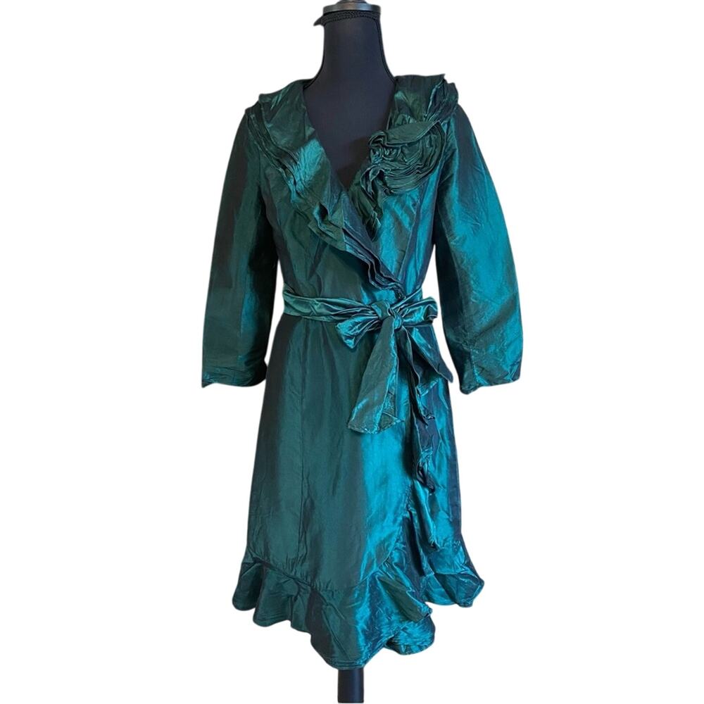 Teri Jon Rickie freeman Emerald Green 100% silk wrap Dress size 4 ruffle formal - Picture 2 of 13